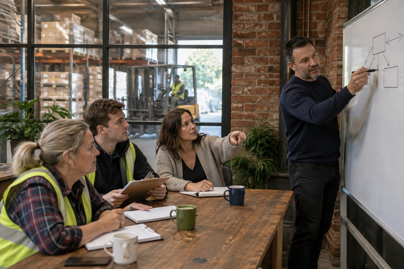 ai-consultant-melbourne-workflow-whiteboard-richmond AI consultant in Melbourne mapping a business workflow on a whiteboard with a small team in a Richmond warehouse office